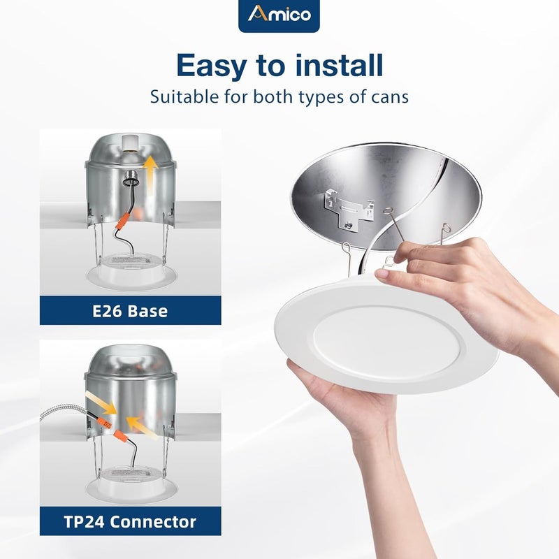 Amico Recessed Lighting 5/6 Inch, 12 Pack 5CCT Flat LED Can Lights, 2700K/3000K/4000K/5000K/6000K Selectable,12W Eqv 110W, 1050LM Brightness, Retrofit Installation - ETL & FCC, White - Image 2
